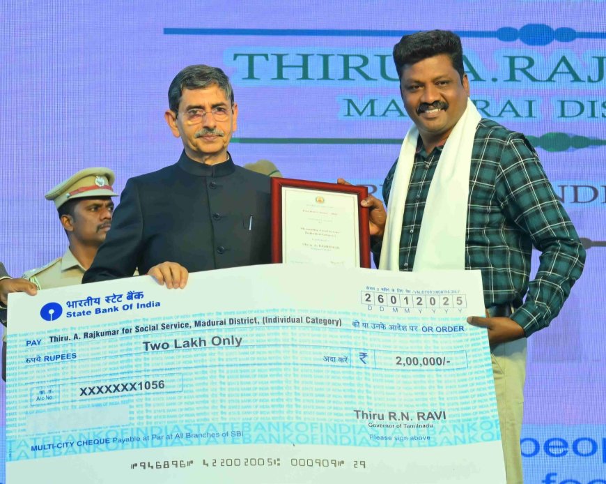 மாநில அளவில் சிறந்த சமூக சேவகர் விருதை  தமிழக ஆளுநர் வழங்கினார்...