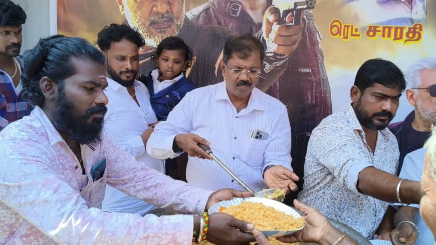 அஜித்தின் விடாமுயற்சி திரைப்படம் திரையிடப்பட்டதை முன்னிட்டு  ரசிகர்கள் ஏற்பாட்டில் உணவு வழங்கப்பட்டது...