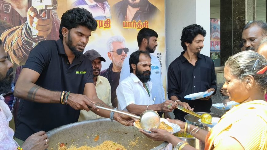 அஜித்தின் விடாமுயற்சி திரைப்படம் திரையிடப்பட்டதை முன்னிட்டு  ரசிகர்கள் ஏற்பாட்டில் உணவு வழங்கப்பட்டது...
